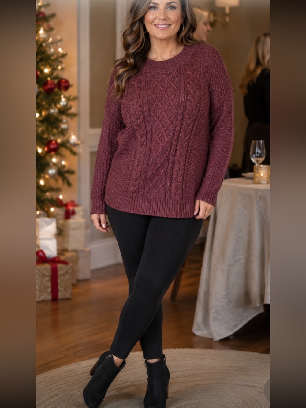 Lane Bryant Burgundy Cable Knit Sweater Metallic Sz 14/16 Large Soft Cozy Cabin